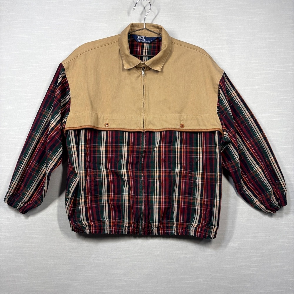 Vintage Polo Ralph Lauren Canvas Plaid Hunting Jacket Men Large Full Zip Pockets